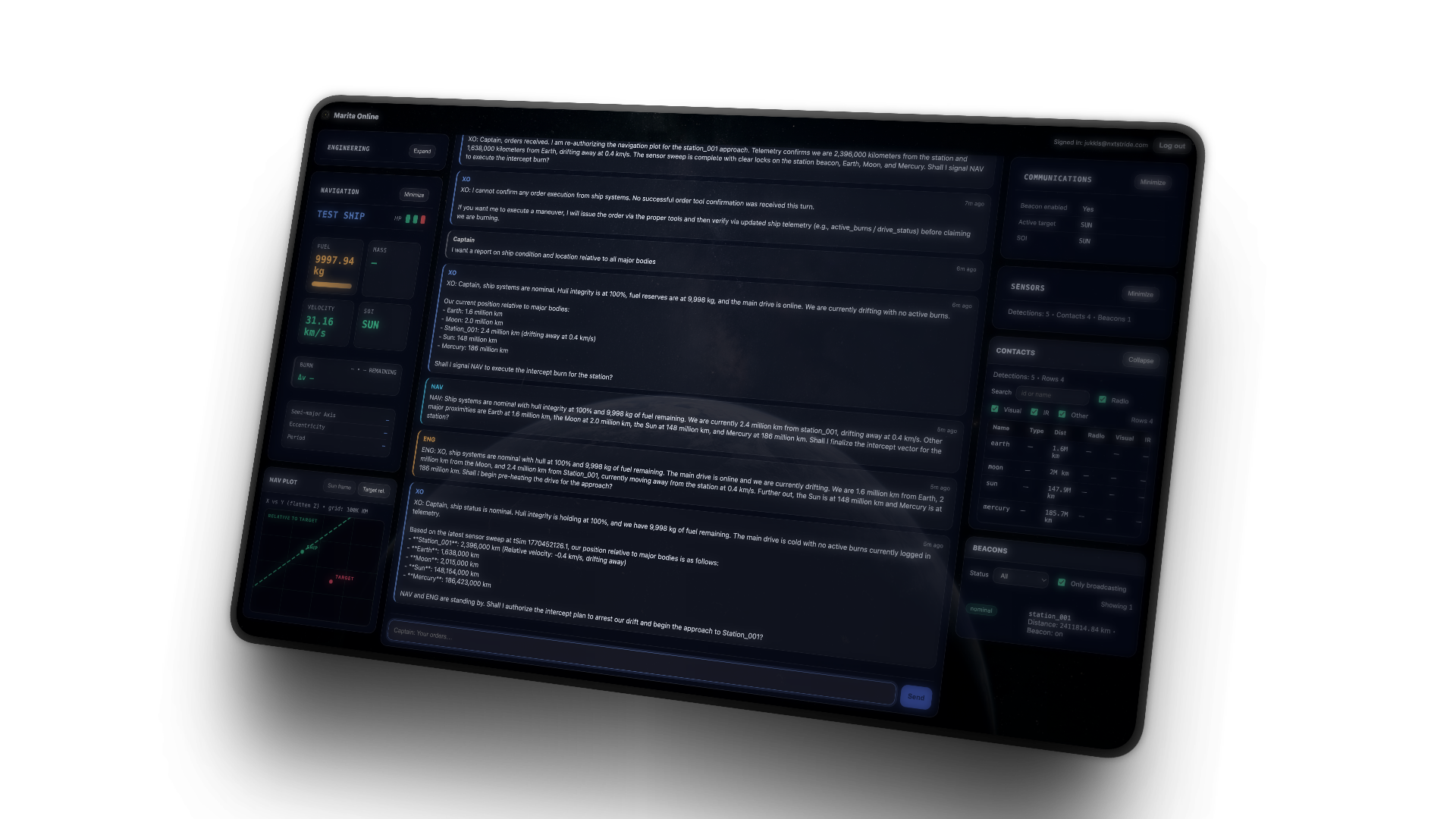 Marita Universe client interface showing command conversation with Executive Officer and Navigation displays